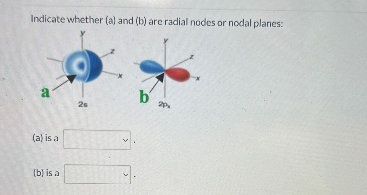 Indicate whether (a) and (b) are radial nodes or nodal planes:
a
2s
(a) is a
(b) is a
>
<
b
2PX