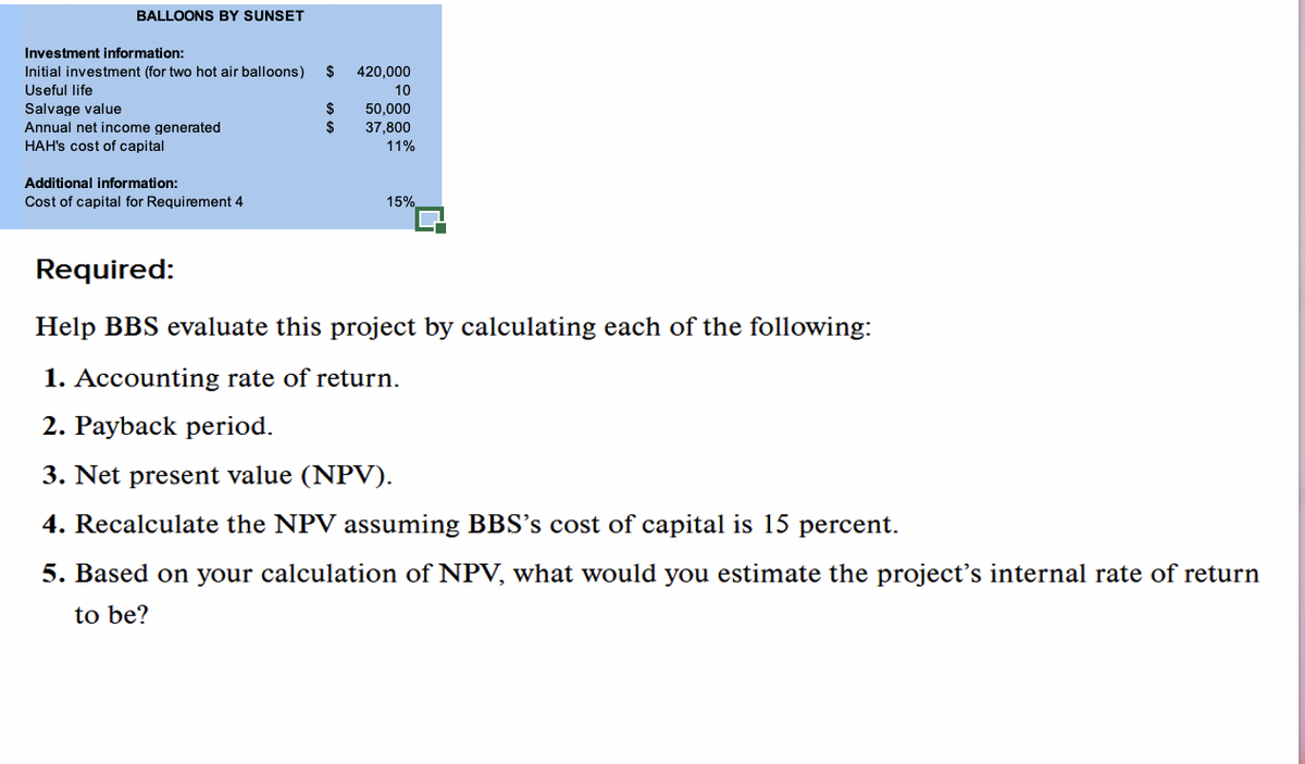 BALLOONS BY SUNSET
Investment information:
Initial investment (for two hot air balloons) $
Useful life
Salvage value
Annual net income generated
HAH's cost of capital
Additional information:
Cost of capital for Requirement 4
$
420,000
10
50,000
37,800
11%
15%
Required:
Help BBS evaluate this project by calculating each of the following:
1. Accounting rate of return.
2. Payback period.
3. Net present value (NPV).
4. Recalculate the NPV assuming BBS's cost of capital is 15 percent.
5. Based on your calculation of NPV, what would you estimate the project's internal rate of return
to be?
