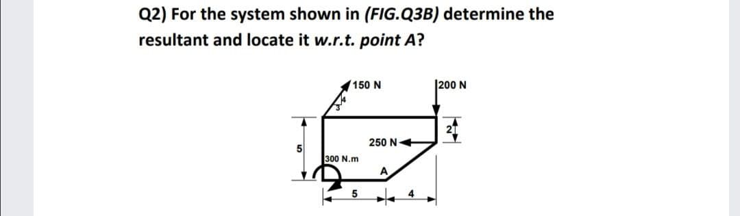 Q2) For the system shown in (FIG.Q3B) determine the
resultant and locate it w.r.t. point A?
150 N
|200 N
250 N+
5
300 N.m
A
5
