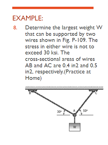 EXAMPLE:
8. Determine the largest weight W
that can be supported by two
wires shown in Fig. P-109. The
stress in either wire is not to
exceed 30 ksi. The
cross-sectional areas of wires
AB and AC are 0.4 in2 and 0.5
in2, respectively. (Practice at
Home)
B
30⁰
W
50°