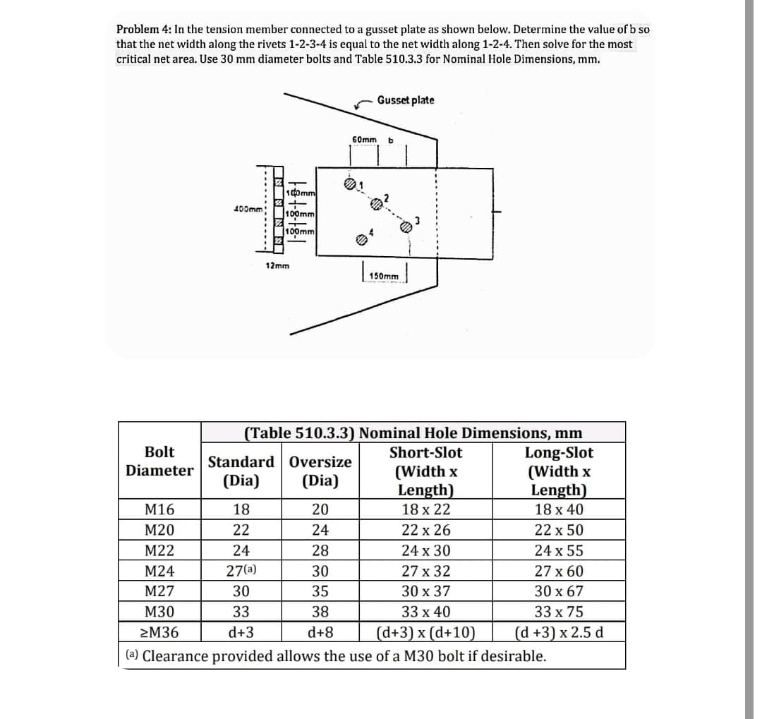 Problem 4: In the tension member connected to a gusset plate as shown below. Determine the value of b so
that the net width along the rivets 1-2-3-4 is equal to the net width along 1-2-4. Then solve for the most
critical net area. Use 30 mm diameter bolts and Table 510.3.3 for Nominal Hole Dimensions, mm.
Gusset plate
b
-
100mm
+
100mm
400mm
100mm
12mm
150mm
(Table 510.3.3) Nominal Hole Dimensions, mm
Bolt
Short-Slot
Long-Slot
Standard Oversize
Diameter
(Width x
(Width x
(Dia)
(Dia)
Length)
Length)
M16
18
20
18 x 22
18 x 40
M20
22
24
22 x 26
22 x 50
M22
24
28
24 x 30
24 x 55
M24
27(a)
30
27 x 32
27 x 60
M27
30
35
30 x 37
30 x 67
M30
33
38
33 x 40
33 x 75
≥M36
d+3
d+8
(d+3) x (d+10)
(d +3) x 2.5 d
(a) Clearance provided allows the use of a M30 bolt if desirable.
Z+
60mm