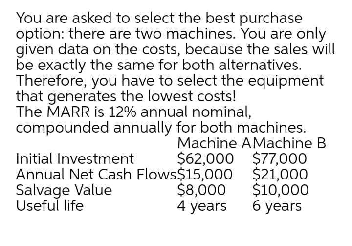 You are asked to select the best purchase
option: there are two machines. You are only
given data on the costs, because the sales will
be exactly the same for both alternatives.
Therefore, you have to select the equipment
that generates the lowest costs!
The MARR is 12% annual nominal,
compounded annually for both machines.
Machine AMachine B
$62,000 $77,000
Annual Net Cash Flows$15,000 $21,000
$8,000
4 years
Initial Investment
Salvage Value
Useful life
$10,000
б уеars
