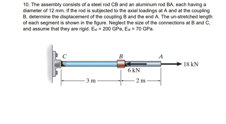 10. The assembly consists of a steel rod CB and an aluminum rod BA, each having a
diameter of 12 mm. If the rod is subjected to the axial loadings at A and at the coupling
B, determine the displacement of the coupling B and the end A. The un-stretched length
of each segment is shown in the figure. Neglect the size of the connections at B and C,
and assume that they are rigid. Est = 200 GPa, Eal = 70 GPa.
C
3 m
B
6 kN
2 m
A
18 kN