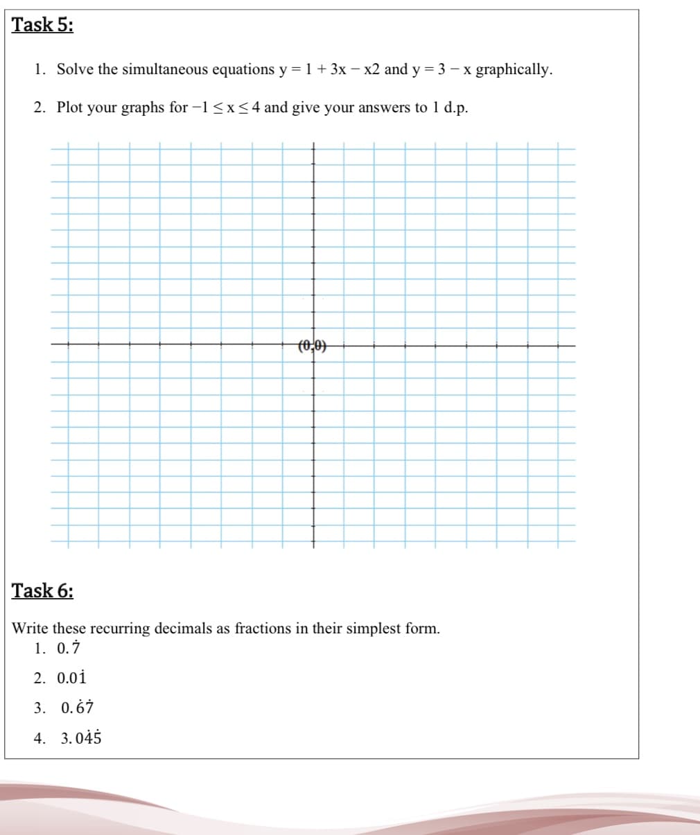 1. Solve the simultaneous equations y = 1 + 3x – x2 and y = 3 – x graphically.
2. Plot your graphs for -1 <x <4 and give your answers to 1 d.p.
