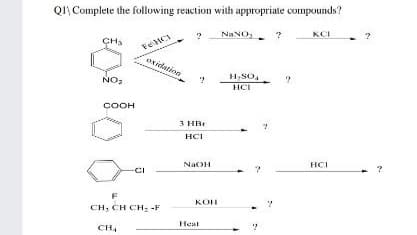 QI Complete the following reaction with appropriate compounds?
KCI
Na NO,
exitation
H,SO,
NO:
HCI
COOH
3 HBr
HCI
HCI
NaOH
CI
кон
CH; CH CH; -F
Heat
CH4
