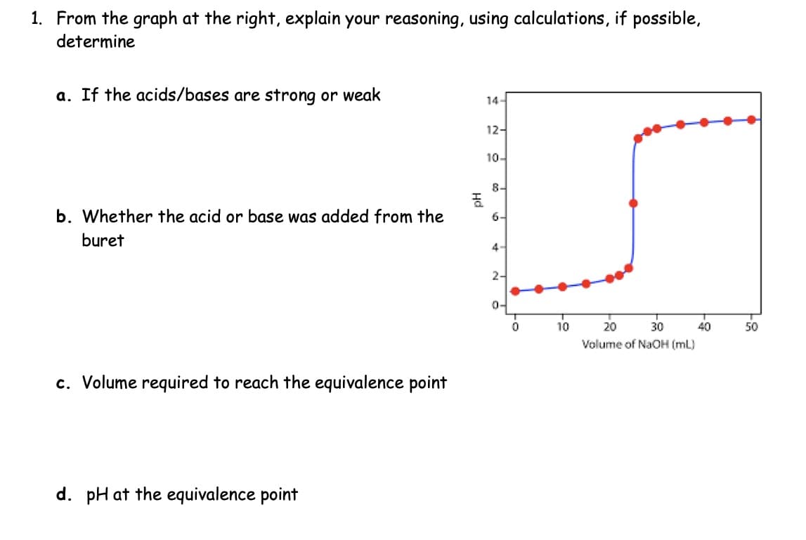 1. From the graph at the right, explain your reasoning, using calculations, if possible,
determine
a. If the acids/bases are strong or weak
14-
12-
10-
8-
Hd
HJ
6-
b. Whether the acid or base was added from the
buret
c. Volume required to reach the equivalence point
d. pH at the equivalence point
4-
2
2-
0-
0
20
Volume of NaOH (mL)
30
40
50