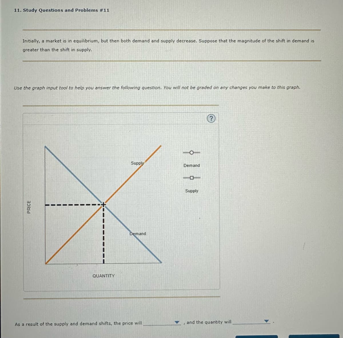 11. Study Questions and Problems #11
Initially, a market is in equilibrium, but then both demand and supply decrease. Suppose that the magnitude of the shift in demand is
greater than the shift in supply.
Use the graph input tool to help you answer the following question. You will not be graded on any changes you make to this graph.
PRICE
QUANTITY
Supply
Demand
As a result of the supply and demand shifts, the price will
Demand
--
Supply
, and the quantity will