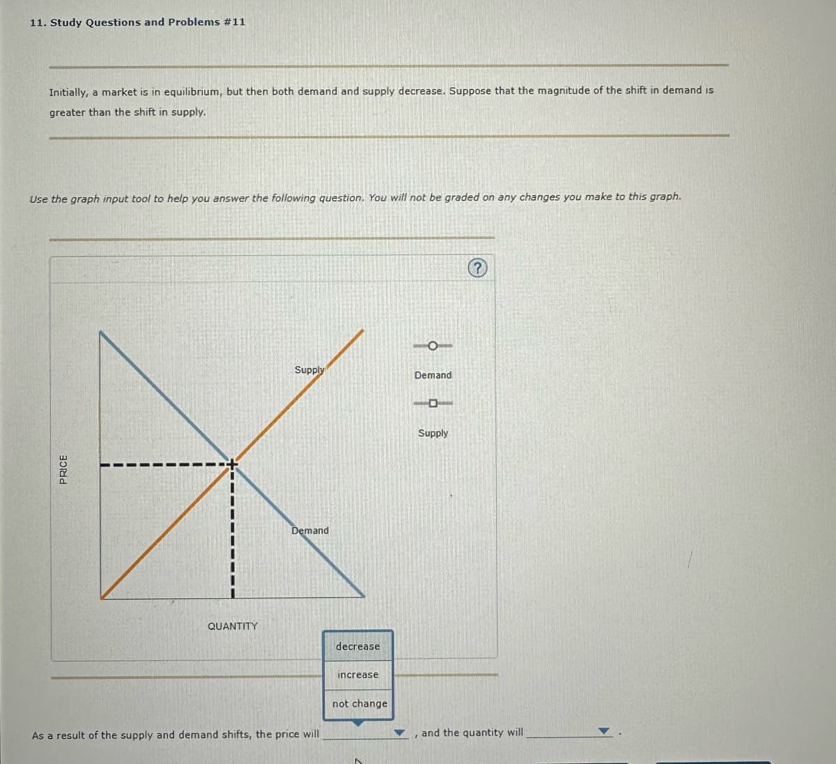 11. Study Questions and Problems #11
Initially, a market is in equilibrium, but then both demand and supply decrease. Suppose that the magnitude of the shift in demand is
greater than the shift in supply.
Use the graph input tool to help you answer the following question. You will not be graded on any changes you make to this graph.
PRICE
QUANTITY
Supply
Demand
As a result of the supply and demand shifts, the price will
decrease
increase
not change
Demand
Supply
, and the quantity will