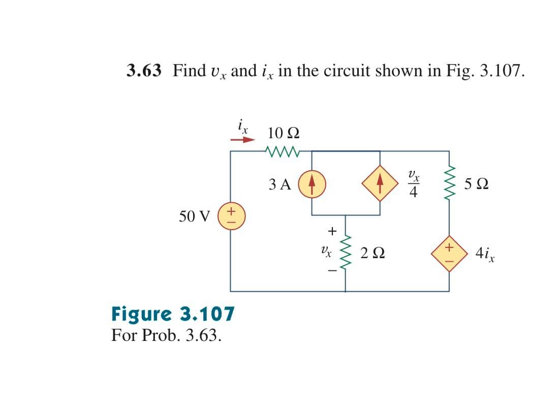 3.63 Find vz and i, in the circuit shown in Fig. 3.107.
10 Ω
5Ω
ЗА
50 V
22
4ix
Figure 3.107
For Prob. 3.63.
ww-
