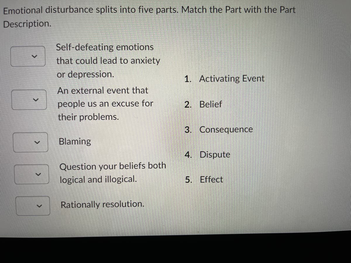 Emotional disturbance splits into five parts. Match the Part with the Part
Description.
V
Self-defeating emotions
that could lead to anxiety
or depression.
An external event that
people us an excuse for
their problems.
Blaming
Question your beliefs both
logical and illogical.
Rationally resolution.
1. Activating Event
2. Belief
3. Consequence
4. Dispute
5. Effect