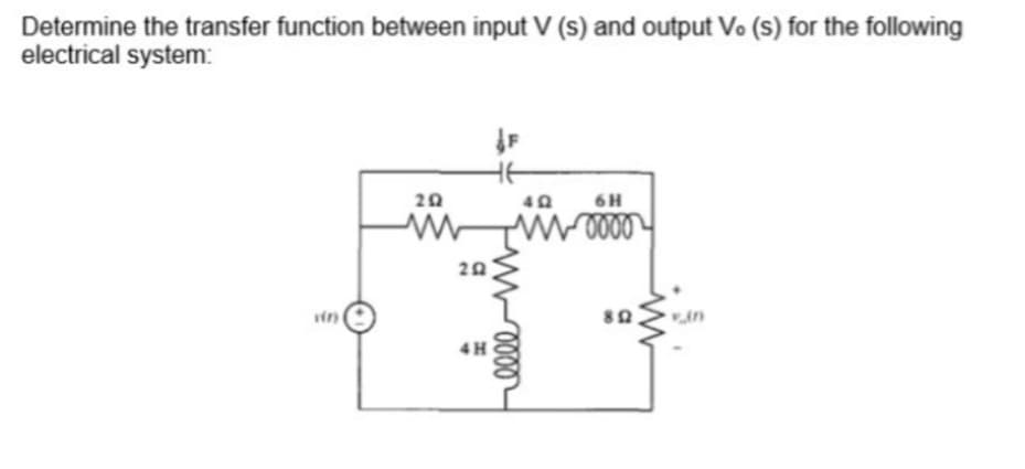 Determine the transfer function between input V (s) and output Vo (s) for the following
electrical system:
20
6H
20
