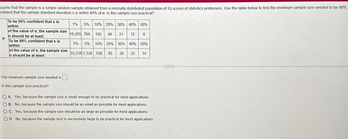 ssume that the sample is a simple random sample obtained from a normally distributed population of IQ scores of statistics professors. Use the table below to find the minimum sample size needed to be 99%
Onfident that the sample standard deviation s is within 40% of σ. Is this sample size practical?
To be 95% confident that s is
within
1%
5% 10% 20% 30% 40% 50%
of the value of 6, the sample size
n should be at least
19,205 768
192 48 21 12 8
To be 99% confident that s is
within
1%
5% 10% 20% 30% 40% 50%
of the value of o, the sample size
n should be at least
33,218 1,336 336 85 38 22 14
The minimum sample size needed is
Is this sample size practical?
OA. Yes, because the sample size is small enough to be practical for most applications
OB. No, because the sample size should be as small as possible for most applications.
OC. Yes, because the sample size should be as large as possible for most applications.
OD. No, because the sample size is excessively large to be practical for most applications