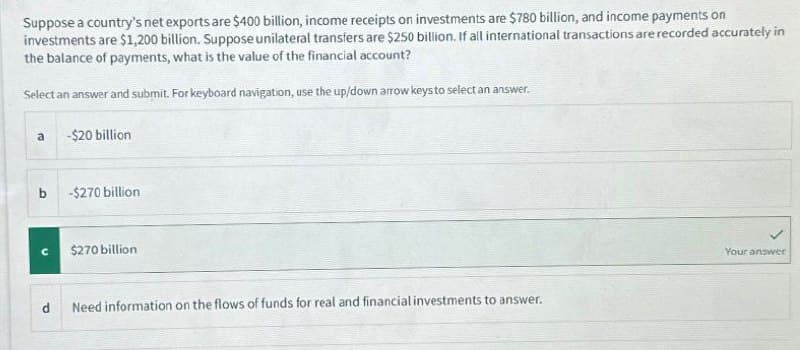 Suppose a country's net exports are $400 billion, income receipts on investments are $780 billion, and income payments on
investments are $1,200 billion. Suppose unilateral transfers are $250 billion. If all international transactions are recorded accurately in
the balance of payments, what is the value of the financial account?
Select an answer and submit. For keyboard navigation, use the up/down arrow keys to select an answer.
a
-$20 billion
b
d
-$270 billion
$270 billion
Need information on the flows of funds for real and financial investments to answer.
Your answer