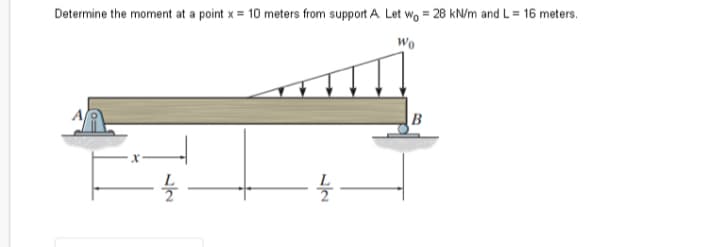 Determine the moment at a point x = 10 meters from support A. Let wo = 28 kN/m and L = 16 meters.
Wo
늘
늘
B