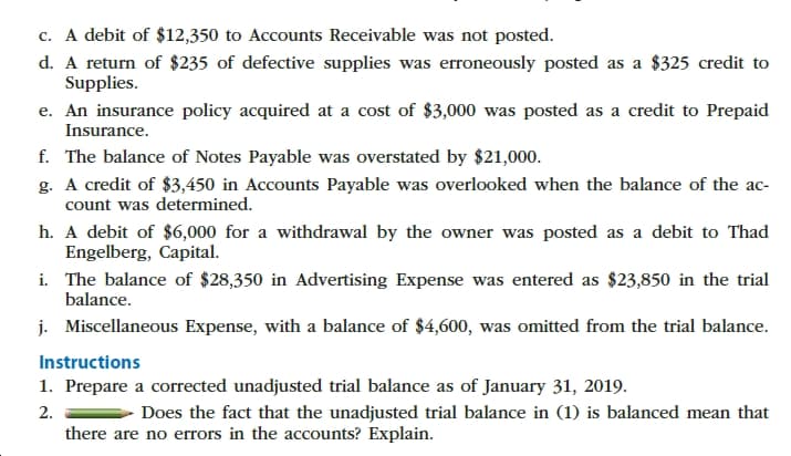 c. A debit of $12,350 to Accounts Receivable was not posted.
d. A return of $235 of defective supplies was erroneously posted as a $325 credit to
Supplies
e. An insurance policy acquired at a cost of $3,000 was posted as a credit to Prepaid
Insurance.
f. The balance of Notes Payable was overstated by $21,000
g. A credit of $3,450 in Accounts Payable was overlooked when the balance of the ac
count was determined.
h. A debit of $6,000 for a withdrawal by the owner was posted as a debit to Thad
Engelberg, Capital
i. The balance of $28,350 in Advertising Expense was entered as $23,850 in the trial
balance
j. Miscellaneous Expense, with a balance of $4,600, was omitted from the trial balance
Instructions
1. Prepare a corrected unadjusted trial balance as of January 31, 2019.
2
there are no errors in the accounts? Explain.
Does the fact that the unadjusted trial balance in (1) is balanced mean that
