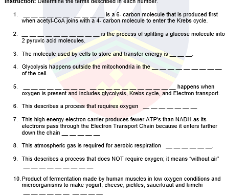 instruction: Determine the terms described in each humber.
is a 6- carbon molecule that is produced first
when acetyl-CoA joins with a 4- carbon molecule to enter the Krebs cycle.
1.
2.
is the process of splitting a glucose molecule into
2 pyruvic acid molecules.
3. The molecule used by cells to store and transfer energy is
4. Glycolysis happens outside the mitochondria in the
of the cell.
5.
happens when
oxygen is present and includes glycolysis, Krebs cycle, and Electron transport.
6. This describes a process that requires oxygen
7. This high energy electron carrier produces fewer ATP's than NADH as its
electrons pass through the Electron Transport Chain because it enters farther
down the chain
8. This atmospheric gas is required for aerobic respiration
9. This describes a process that does NOT require oxygen; it means "without air"
10. Product of fermentation made by human muscles in low oxygen conditions and
microorganisms to make yogurt, cheese, pickles, sauerkraut and kimchi
