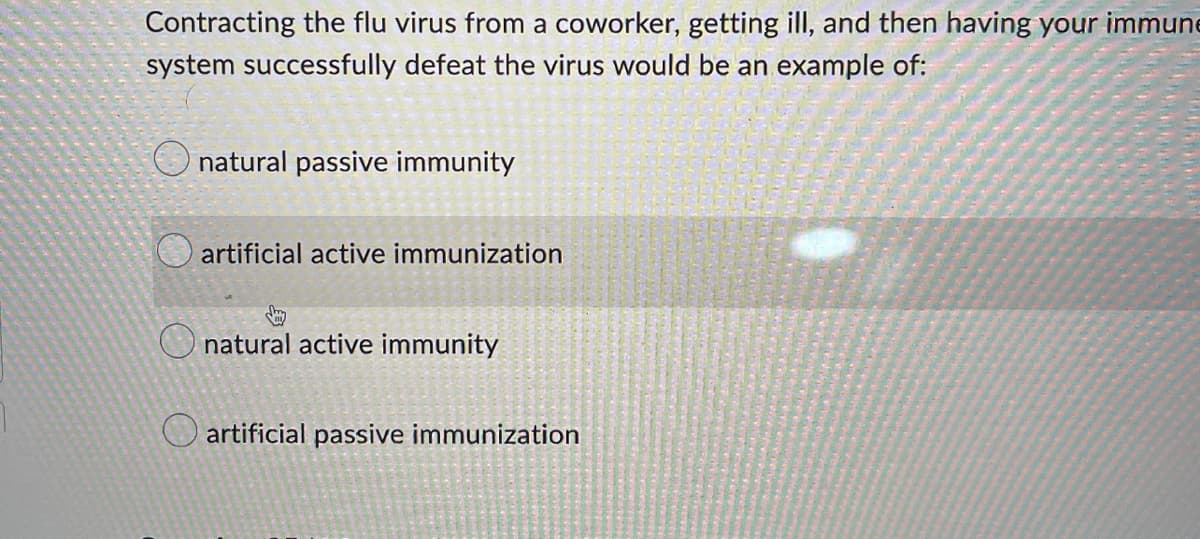 Contracting the flu virus from a coworker, getting ill, and then having your immune
system successfully defeat the virus would be an example of:
natural passive immunity
artificial active immunization
natural active immunity
artificial passive immunization