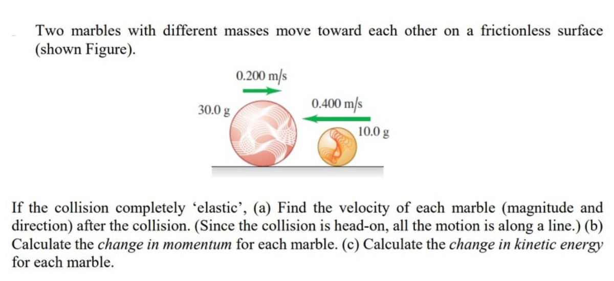 Two marbles with different masses move toward each other on a frictionless surface
(shown Figure).
0.200 m/s
30.0 g
0.400 m/s
10.0 g
If the collision completely 'elastic', (a) Find the velocity of each marble (magnitude and
direction) after the collision. (Since the collision is head-on, all the motion is along a line.) (b)
Calculate the change in momentum for each marble. (c) Calculate the change in kinetic energy
for each marble.
