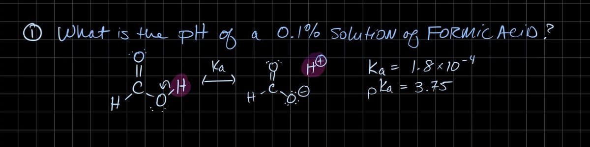 1 What is the pH of a
Ka
요
H
O=0
sö
CH
огн
I
#
0.1% Solution
of FORMIC ACID?
Ka = 1.8×10-4
pka = 3.75