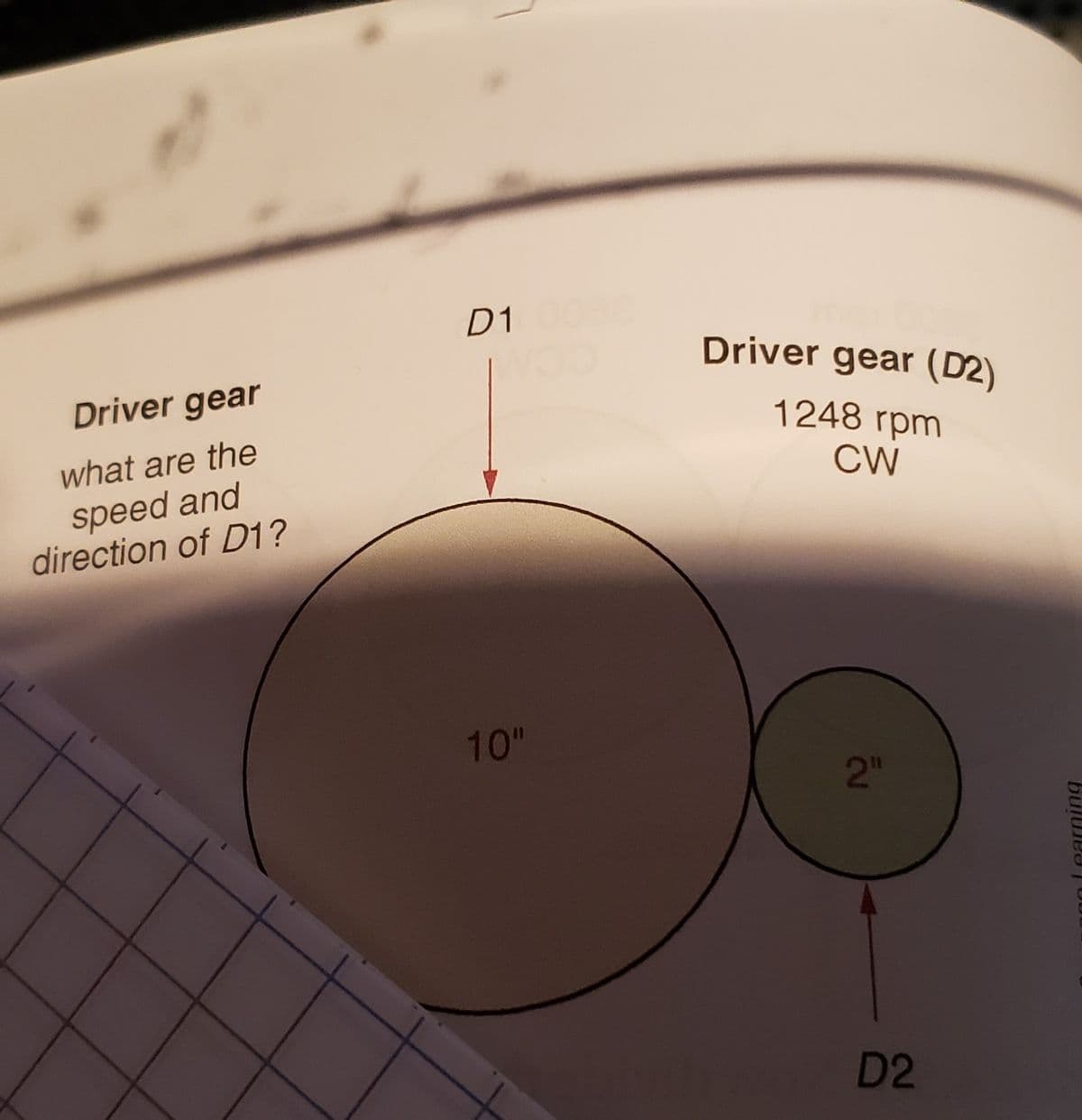 D1
Driver gear (D2)
Driver gear
1248 rpm
what are the
CW
speed and
direction of D1?
10"
2"
D2
1oLearning
