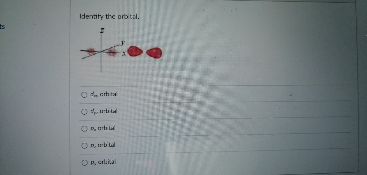 ts
Identify the orbital.
O dxy orbital
Odyz orbital
O Px orbital
O Pz orbital
O py orbital