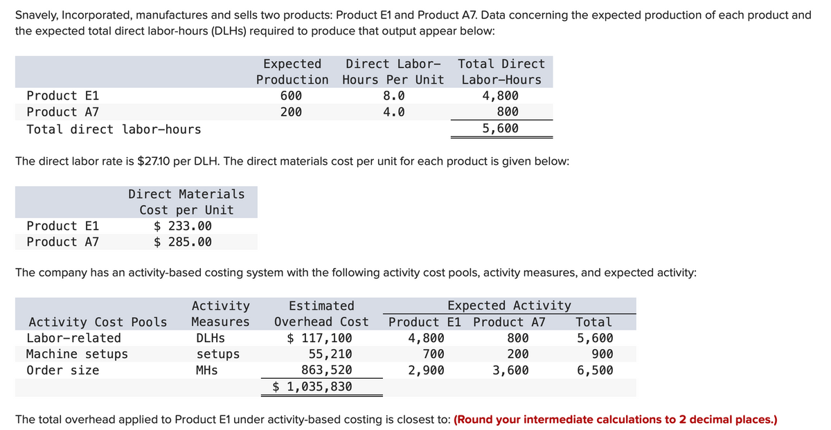 Snavely, Incorporated, manufactures and sells two products: Product E1 and Product A7. Data concerning the expected production of each product and
the expected total direct labor-hours (DLHs) required to produce that output appear below:
Product E1
Product A7
Total direct labor-hours
Product E1
Product A7
The direct labor rate is $27.10 per DLH. The direct materials cost per unit for each product is given below:
Direct Materials
Cost per Unit
$ 233.00
$285.00
Activity Cost Pools
Labor-related
Machine setups
Order size
Expected
Production
600
200
The company has an activity-based costing system with the following activity cost pools, activity measures, and expected activity:
Direct Labor- Total Direct
Hours Per Unit Labor-Hours
4,800
8.0
4.0
800
5,600
Activity
Measures
DLHs
setups
MHs
Estimated
Overhead Cost
$ 117,100
55,210
863,520
$ 1,035,830
Expected Activity
Product E1 Product A7
4,800
700
2,900
800
200
3,600
Total
5,600
900
6,500
The total overhead applied to Product E1 under activity-based costing is closest to: (Round your intermediate calculations to 2 decimal places.)