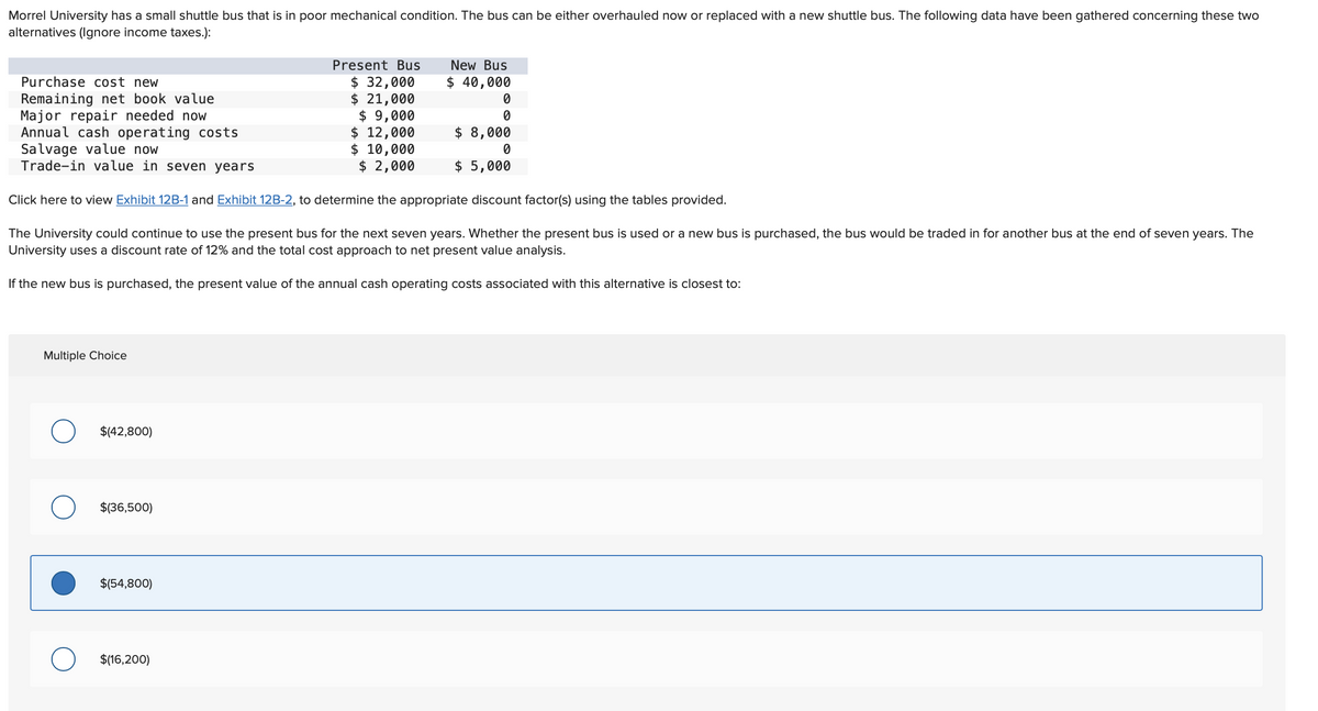 Morrel University has a small shuttle bus that is in poor mechanical condition. The bus can be either overhauled now or replaced with a new shuttle bus. The following data have been gathered concerning these two
alternatives (Ignore income taxes.):
Purchase cost new
Remaining net book value
0
Present Bus
$ 32,000
$ 21,000
$ 9,000
$ 12,000
$ 10,000
$ 2,000
Major repair needed now
Annual cash operating costs
Salvage value now
0
$ 8,000
0
Trade-in value in seven years
$ 5,000
Click here to view Exhibit 12B-1 and Exhibit 12B-2, to determine the appropriate discount factor(s) using the tables provided.
The University could continue to use the present bus for the next seven years. Whether the present bus is used or a new bus is purchased, the bus would be traded in for another bus at the end of seven years. The
University uses a discount rate of 12% and the total cost approach to net present value analysis.
If the new bus is purchased, the present value of the annual cash operating costs associated with this alternative is closest to:
Multiple Choice
O
O
$(42,800)
$(36,500)
$(54,800)
New Bus
$ 40,000
$(16,200)