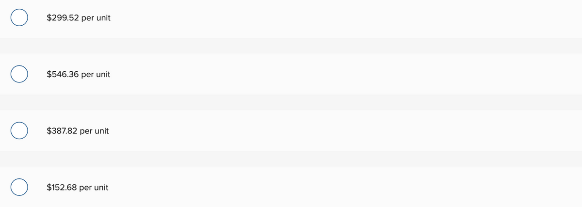$299.52 per unit
$546.36 per unit
$387.82 per unit
$152.68 per unit