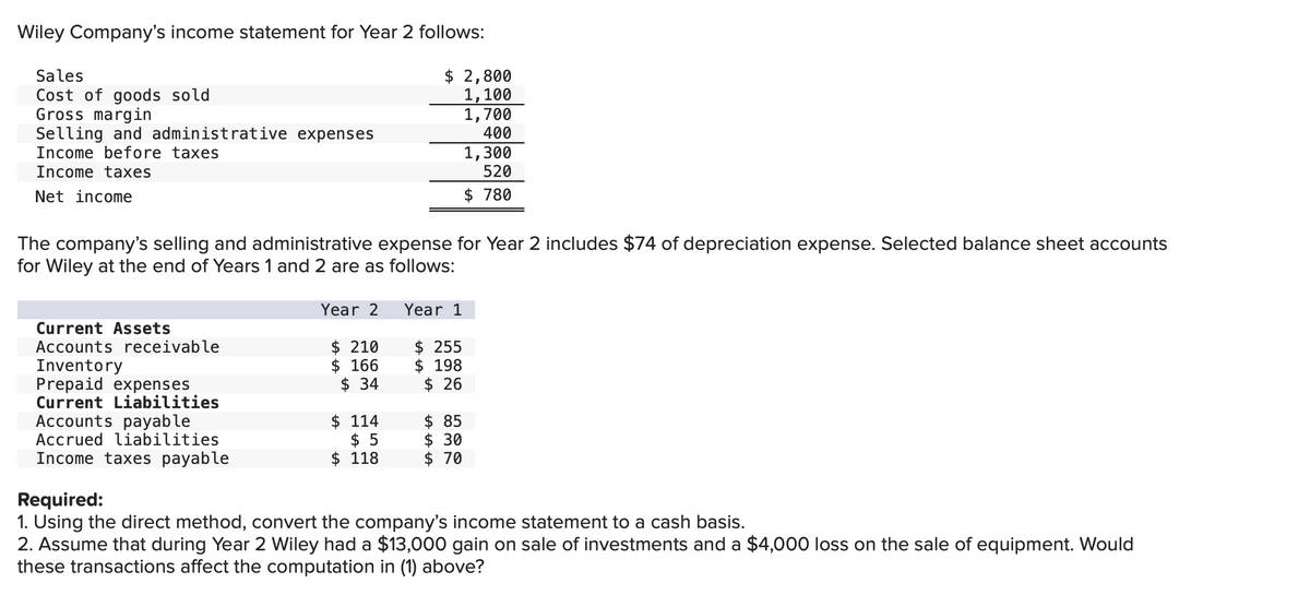 Wiley Company's income statement for Year 2 follows:
$ 2,800
1,100
1,700
400
1,300
520
$ 780
Sales
Cost of goods sold
Gross margin
Selling and administrative expenses
Income before taxes
Income taxes
Net income
The company's selling and administrative expense for Year 2 includes $74 of depreciation expense. Selected balance sheet accounts
for Wiley at the end of Years 1 and 2 are as follows:
Current Assets
Accounts receivable
Inventory
Prepaid expenses
Current Liabilities
Accounts payable
Accrued liabilities
Income taxes payable
Year 2
$ 210
$166
$ 34
$ 114
$ 5
$ 118
Year 1
$ 255
$ 198
$26
$85
$ 30
$70
Required:
1. Using the direct method, convert the company's income statement to a cash basis.
2. Assume that during Year 2 Wiley had a $13,000 gain on sale of investments and a $4,000 loss on the sale of equipment. Would
these transactions affect the computation in (1) above?