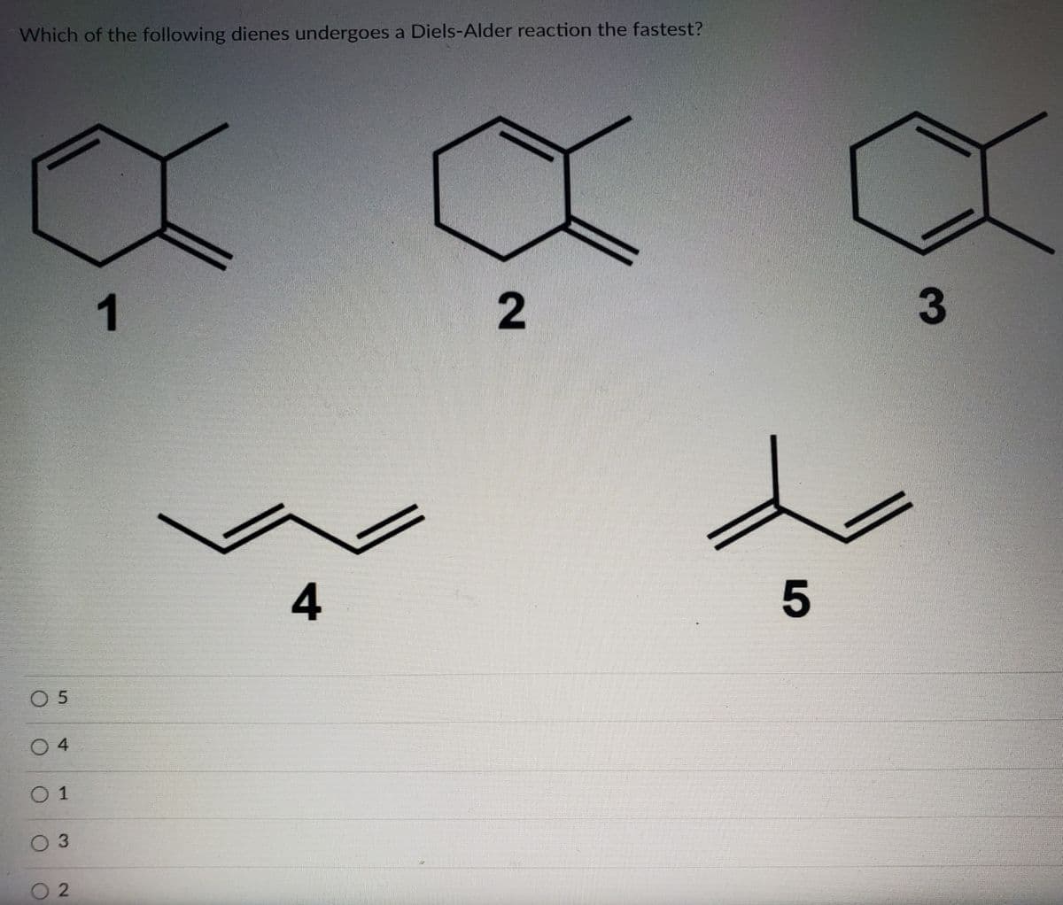 Which of the following dienes undergoes a Diels-Alder reaction the fastest?
1
4
0 5
4
0 1
2
5
2.
