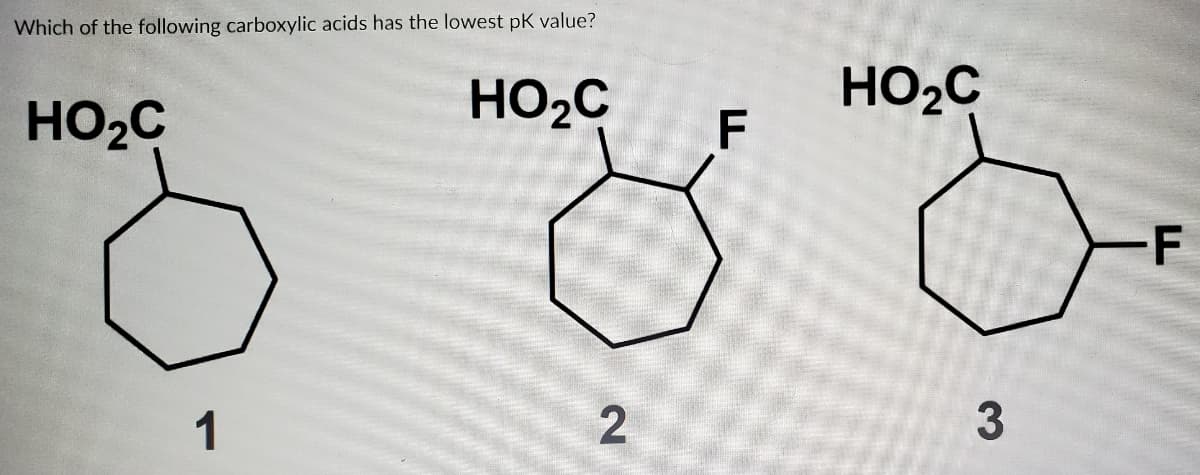 Which of the following carboxylic acids has the lowest pK value?
HO2C
HO2C
HO2C
1
2.
