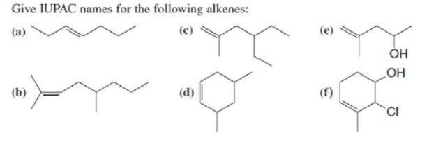 Give IUPAC names for the following alkenes:
(a)
(e)
ÓH
HO
(b)
(d)
(f)
