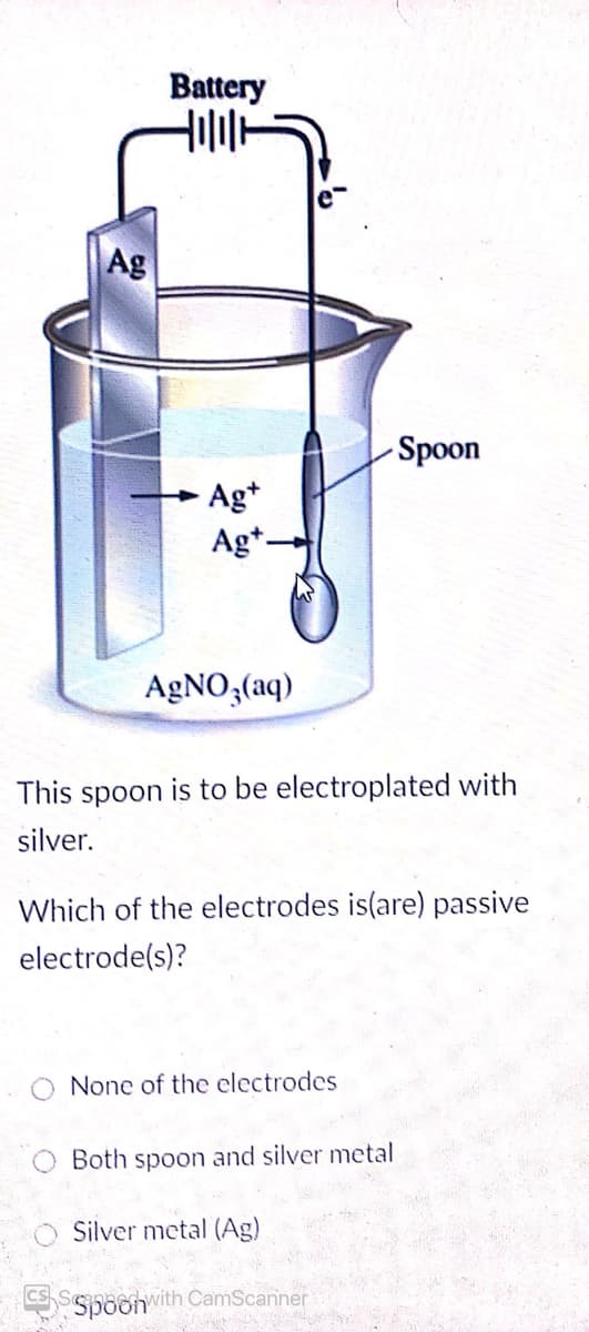 Battery
Ag
- Spoon
Ag*
Ag*-
AGNO,(aq)
This spoon is to be electroplated with
silver.
Which of the electrodes is(are) passive
electrode(s)?
O None of the electrodes
Both spoon and silver metal
Silver metal (Ag)
cs Sa
Spoonwith CamScanner
