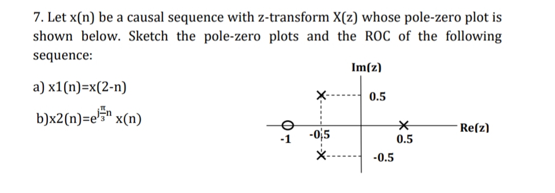 7. Let x(n) be a causal sequence with z-transform X(z) whose pole-zero plot is
shown below. Sketch the pole-zero plots and the ROC of the following
sequence:
Im(z)
a) x1(n)=x(2-n)
0.5
b)x2(n)=e5" x(n)
Re(z)
-야5
0.5
-0.5
