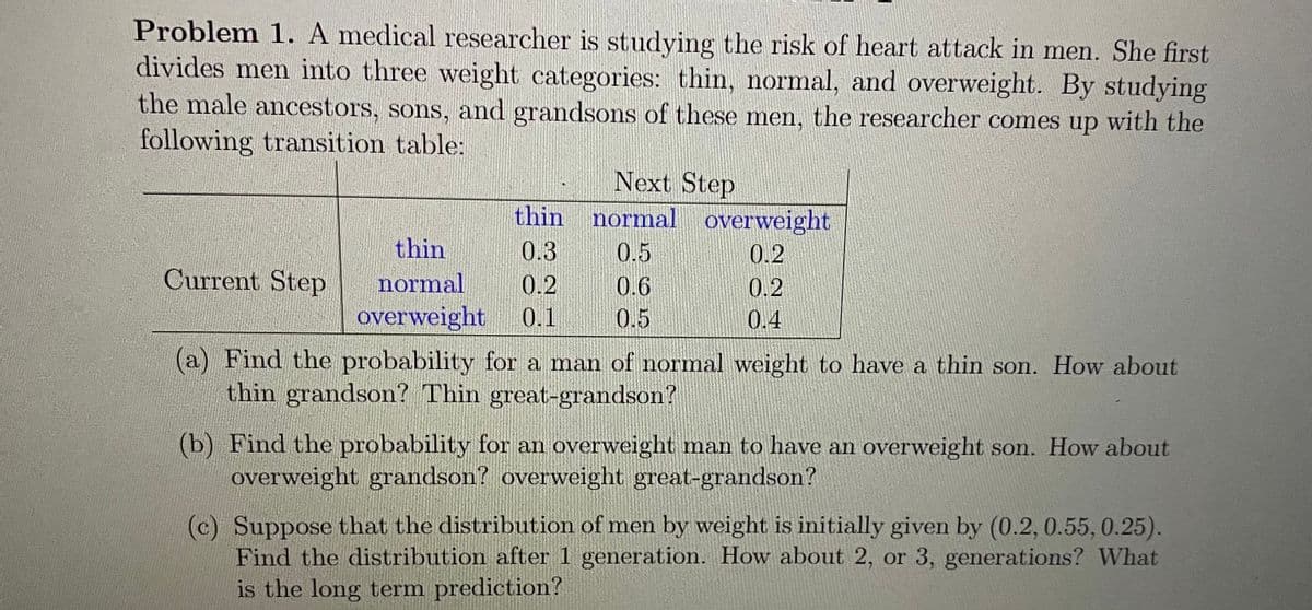 Problem 1. A medical researcher is studying the risk of heart attack in men. She first
divides men into three weight categories: thin, normal, and overweight. By studying
the male ancestors, sons, and grandsons of these men, the researcher comes up with the
following transition table:
Current Step
Next Step
thin normal overweight
thin
0.3
0.5
0.2
normal
0.2
0.6
overweight 0.1
0.5
0.2
0.4
(a) Find the probability for a man of normal weight to have a thin son. How about
thin grandson? Thin great-grandson?
(b) Find the probability for an overweight man to have an overweight son. How about
overweight grandson? overweight great-grandson?
(c) Suppose that the distribution of men by weight is initially given by (0.2, 0.55, 0.25).
Find the distribution after 1 generation. How about 2, or 3, generations? What
is the long term prediction?
