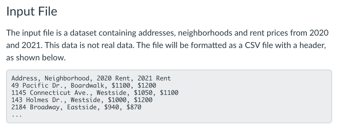 Input File
The input file is a dataset containing addresses, neighborhoods and rent prices from 2020
and 2021. This data is not real data. The file will be formatted as a CSV file with a header,
as shown below.
Address, Neighborhood, 2020 Rent, 2021 Rent
49 Pacific Dr., Boardwalk, $1100, $1200
1145 Connecticut Ave., Westside, $1050, $1100
143 Holmes Dr., Westside, $1000, $1200
2184 Broadway, Eastside, $940, $870
