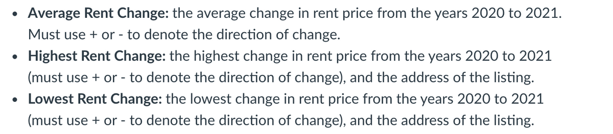 Average Rent Change: the average change in rent price from the years 2020 to 2021.
Must use + or - to denote the direction of change.
Highest Rent Change: the highest change in rent price from the years 2020 to 2021
(must use + or - to denote the direction of change), and the address of the listing.
• Lowest Rent Change: the lowest change in rent price from the years 2020 to 2021
(must use + or - to denote the direction of change), and the address of the listing.
