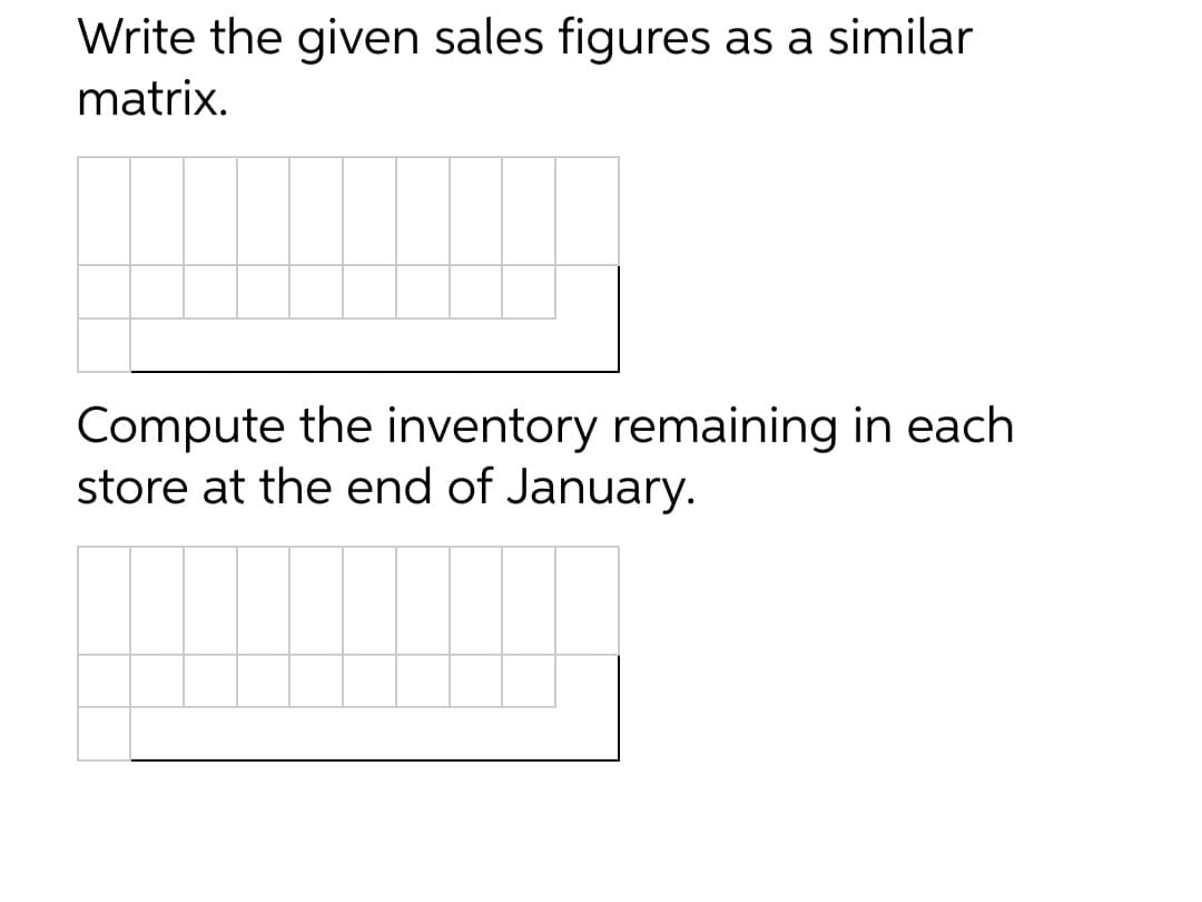 Write the given sales figures as a similar
matrix.
Compute the inventory remaining in each
store at the end of January.