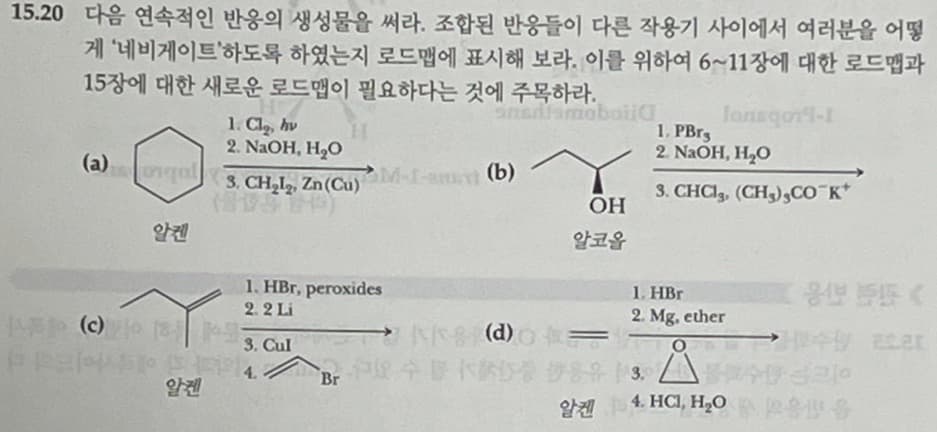 15.20 다음 연속적인 반응의 생성물을 써라. 조합된 반응들이 다른 작용기 사이에서 여러분을 어떻
게 '네비게이트'하도록 하였는지 로드맵에 표시해 보라. 이를 위하여 6~11장에 대한 로드맵과
15장에 대한 새로운 로드맵이 필요하다는 것에 주목하라.
1. Cla, hv
Snsamoboi
Tansqor1-1
H.
1. PBrg
2. NaOH, H,O
2. NaOH, H2O
(a)
nqal
3. CH,I, Zn(Cu)M-I-am (b)
3. CHCI,, (CH3),CO K*
알켄
알코올
1. HBr, peroxides
1. HЕг
2. Mg, ether
2. 2 Li
of (p)
3. Cul
Br
(d)
알켄
알겐
4. HCI, H,O 28-
