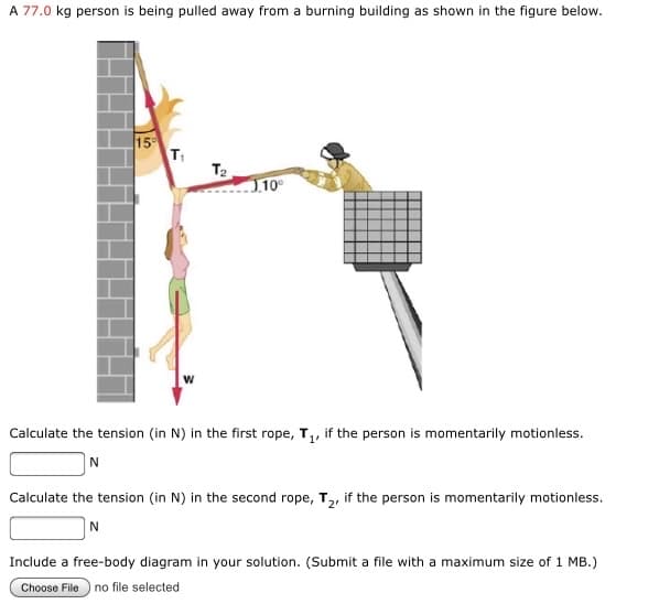 A 77.0 kg person is being pulled away from a burning building as shown in the figure below.
15⁰
T₁
W
T₂
J.10⁰
Calculate the tension (in N) in the first rope, T₁, if the person is momentarily motionless.
N
Calculate the tension (in N) in the second rope, T₂, if the person is momentarily motionless.
N
Include a free-body diagram in your solution. (Submit a file with a maximum size of 1 MB.)
Choose File no file selected