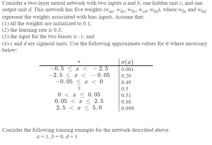 Consider a two-layer neural network with two inputs a and b, one hidden unit c, and one
output unit d. This network has five weights (wacs Wbc, Woco Wcd» Wod), where woc and
represent the weights associated with bias inputs. Assume that:
(1) all the weights are initialized to 0.1;
(2) the learning rate is 0.3;
(3) the input for the two biases is -1; and
(4) c and d are sigmoid units. Use the following approximate values for o where necessary
Wod
below:
|0(x)
-0.5 <
-2.5 < x <
-0. 05 < < 0
< - 2.5
- 0.05
0.001
0.20
0.49
0.5
0 < x < 0. 05
0. 05 < x < 2.5
2. 5 < x < 5.0
0.51
0.80
0.999
Consider the following training example for the network described above:
a = 1, b = 0, d = 1
