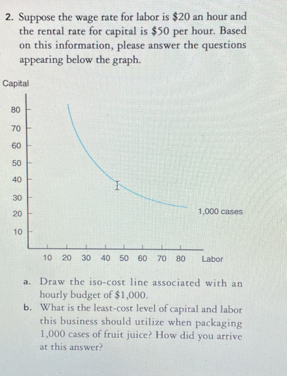 2. Suppose the wage rate for labor is $20 an hour and
the rental rate for capital is $50 per hour. Based
on this information, please answer the questions
appearing below the graph.
Capital
80
70
60
50
40
30
20
10
1,000 cases
10 20 30 40 50 60 70 80
Labor
a. Draw the iso-cost line associated with an
hourly budget of $1,000.
b. What is the least-cost level of capital and labor
this business should utilize when packaging
1,000 cases of fruit juice? How did you arrive
at this answer?