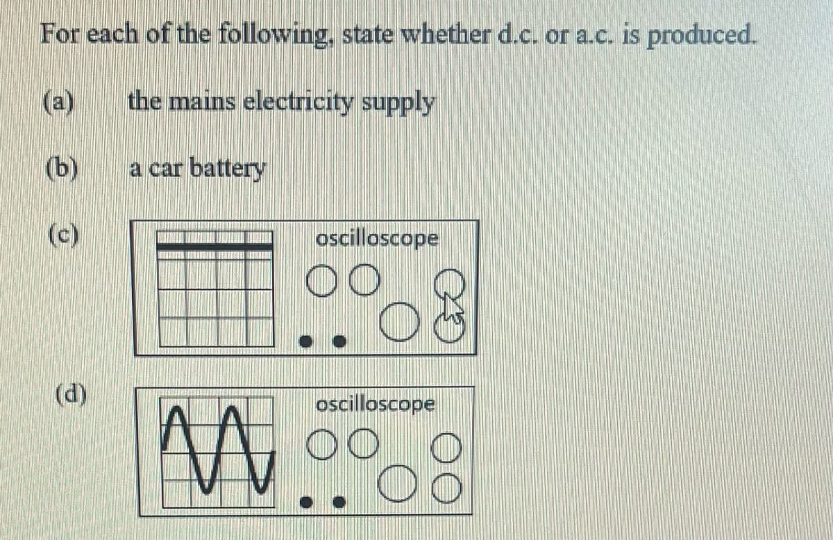For each of the following, state whether d.c. or a.c. is produced.
(a) the mains electricity supply
(b)
a car battery
(c)
(d)
oscilloscope
00
. O
oscilloscope
MA Moo
O