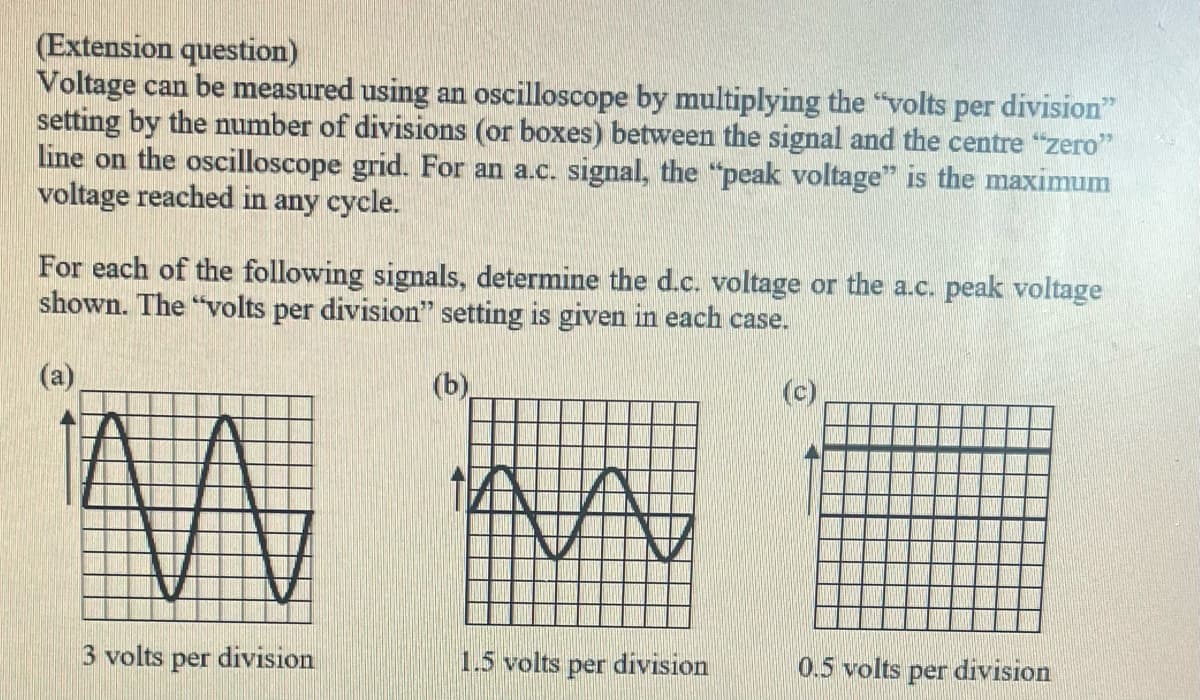 (Extension question)
Voltage can be measured using an oscilloscope by multiplying the "volts per division"
setting by the number of divisions (or boxes) between the signal and the centre "zero"
line on the oscilloscope grid. For an a.c. signal, the "peak voltage" is the maximum
voltage reached in any cycle.
For each of the following signals, determine the d.c. voltage or the a.c. peak voltage
shown. The "volts per division" setting is given in each case.
M
3 volts per division
(b)
1.5 volts per division
0.5 volts per
division