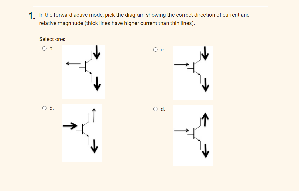 1. In the forward active mode, pick the diagram showing the correct direction of current and
relative magnitude (thick lines have higher current than thin lines).
Select one:
Oa.
b.
d.

