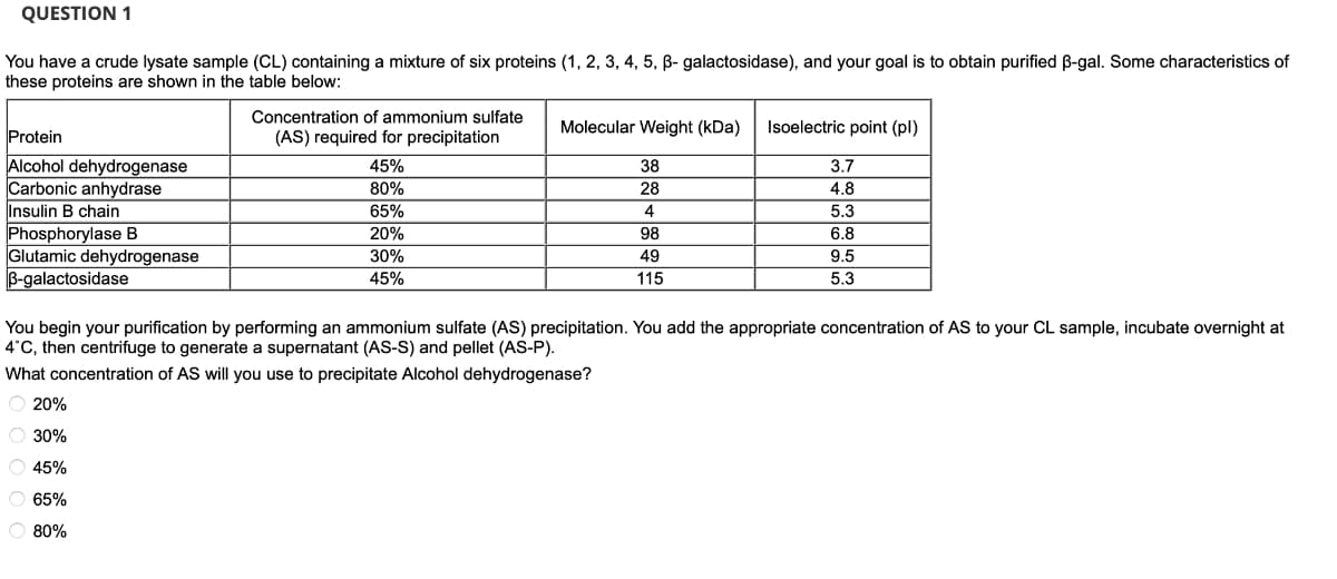 QUESTION 1
You have a crude lysate sample (CL) containing a mixture of six proteins (1, 2, 3, 4, 5, ẞ- galactosidase), and your goal is to obtain purified ẞ-gal. Some characteristics of
these proteins are shown in the table below:
Protein
Alcohol dehydrogenase
Carbonic anhydrase
Insulin B chain
Phosphorylase B
Glutamic dehydrogenase
ẞ-galactosidase
Concentration of ammonium sulfate
(AS) required for precipitation
Molecular Weight (kDa)
Isoelectric point (pl)
45%
38
3.7
80%
28
4.8
65%
4
5.3
20%
98
6.8
30%
49
45%
115
9.5
5.3
You begin your purification by performing an ammonium sulfate (AS) precipitation. You add the appropriate concentration of AS to your CL sample, incubate overnight at
4°C, then centrifuge to generate a supernatant (AS-S) and pellet (AS-P).
What concentration of AS will you use to precipitate Alcohol dehydrogenase?
20%
30%
45%
65%
80%