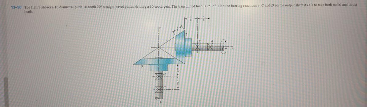 13-50 The figure shows a 10 diametral pitch 18-tooth 20° straight bevel pinion driving a 30-tooth gear. The transmitted load is 25 lbf. Find the bearing reactions at C and D on the output shaft if D is to take both radial and thrust
loads.