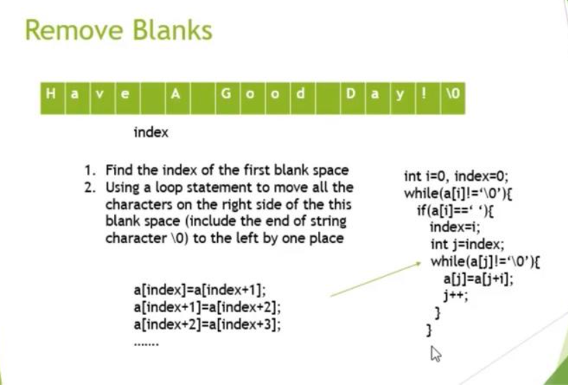 Remove Blanks
Have
A
Good
*******
index
1. Find the index of the first blank space
2. Using a loop statement to move all the
characters on the right side of the this
blank space (include the end of string
character \0) to the left by one place
a[index]=a[index+1];
a[index+1]=a[index+2];
a[index+2]=a[index+3];
Day! 10
int i=0, index=0;
while(a[i]!='\0'){
if(a[i]==''){
index=i;
int j=index;
while(a[j]!= '\0'){
a[j]=a[j+1];
j++;
}
}
4