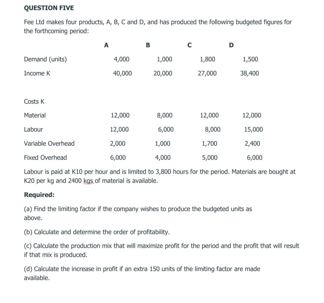 QUESTION FIVE
Fee Ltd makes four products, A, B, C and D, and has produced the following budgeted figures for
the forthcoming period:
A
D
Demand (units)
4,000
1,000
1,800
1,500
Income K
40,000
20,000
27,000
38,400
Costs K
Material
12,000
8,000
12,000
12,000
Labour
12,000
6,000
8,000
15,000
Variable Overhead
2,000
1,000
1,700
2,400
Fixed Overhead
6,000
4,000
5,000
6,000
Labour is paid at K10 per hour and is limited to 3,800 hours for the period. Materials are bought at
K20 per kg and 2400 kgs of material is available.
Required:
(a) Find the limiting factor if the company wishes to produce the budgeted units as
above.
(b) Calculate and determine the order of profitability.
(c) Calculate the production mix that will maximize profit for the period and the profit that will result
if that mix is produced.
(d) Calculate the increase in profit if an extra 150 units of the limiting factor are made
available.
