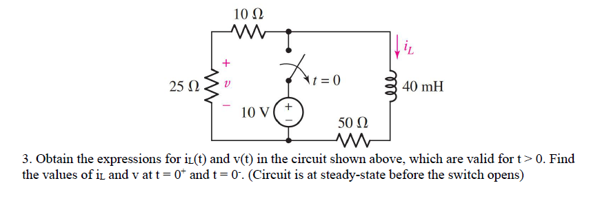 10 N
25 N
t = 0
40 mH
10 V
50 Q
3. Obtain the expressions for iL(t) and v(t) in the circuit shown above, which are valid for t> 0. Find
the values of iL and v at t = 0* andt=0'. (Circuit is at steady-state before the switch opens)
